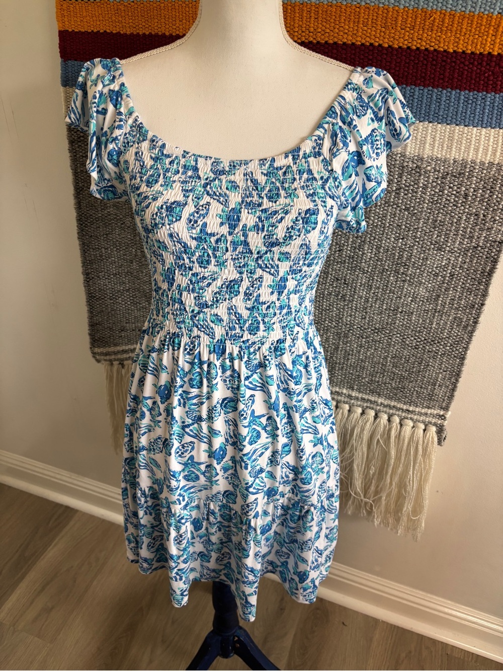 Lilly Pulitzer White Cotton Mini Dress with Blue Shell Print
